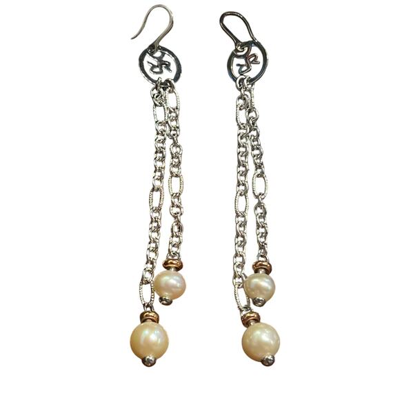 Rebecca Steel Bronze Pearl Chain Dangle Earrings - Picture 1 of 3
